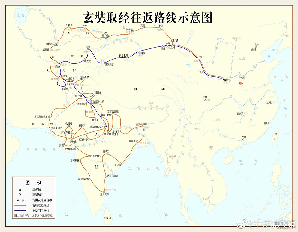 唐僧玄奘西行取经往返路线示意图